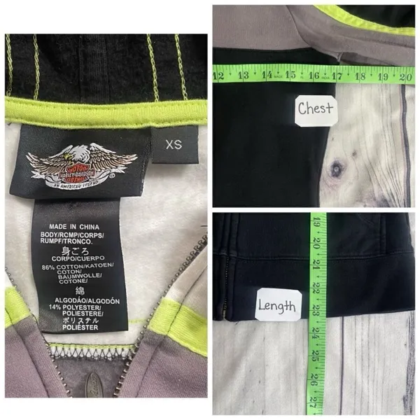 Harley‎ Davidson Woman's Full Zip Hooded Sweater Size XS Black Neon Green White - Image 3