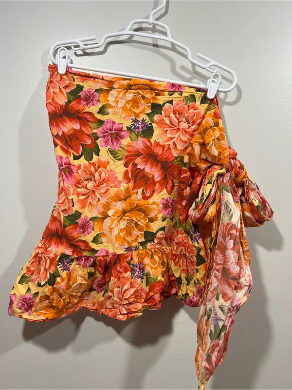 FARM Rio Lia Pink Orange Yellow Floral Ruffled Swim Coverup Skirt Small - Image 2