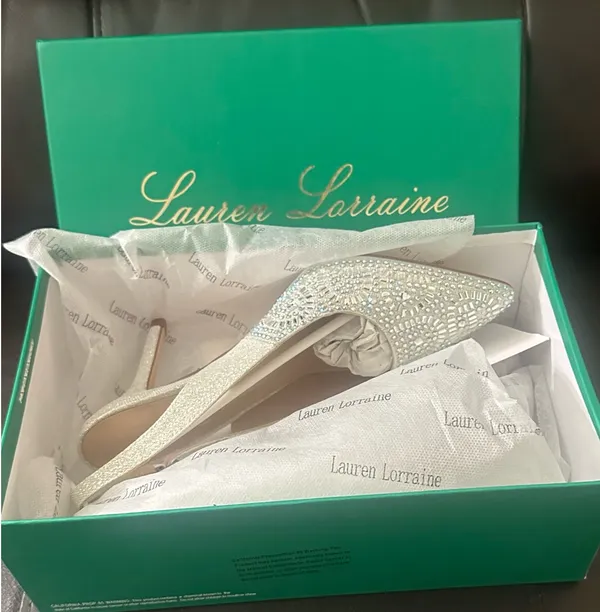 Lauren Lorraine Rachel Silver Shimmer Pointed Toe Embellished Slingback Pumps - Image 13