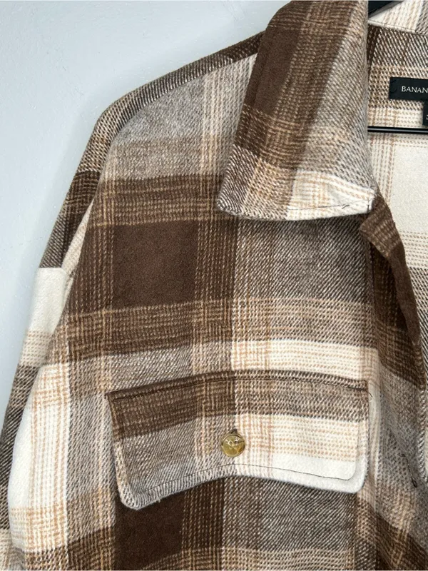 Banana Republic Brown Beige Plaid Wool Blend Shirt Jacket Size L - Image 6