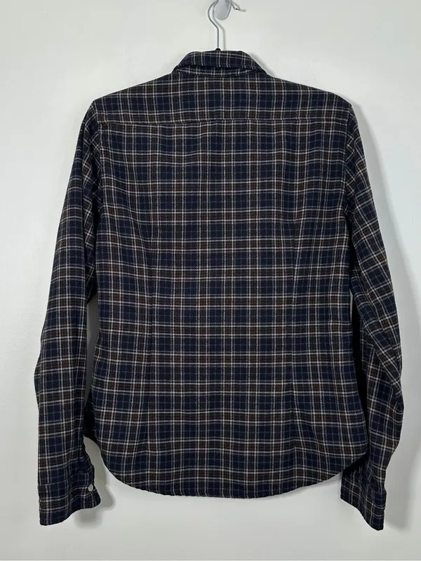 Brandy Melville Plaid Button Down Long Sleeve Shirt Navy Brown One Size - Image 3