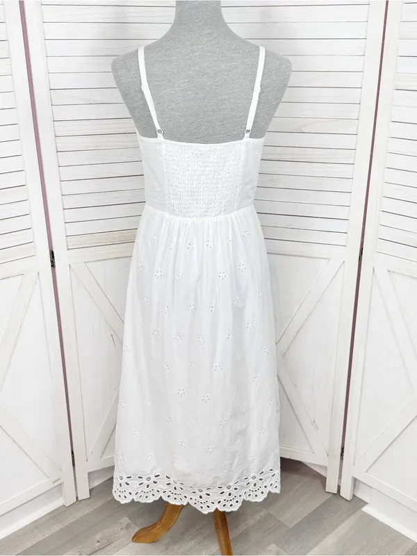 Old Navy White Eyelet Fit Flare‎ Midi Dress Small Sundress Cottagecore Cotton - Image 6