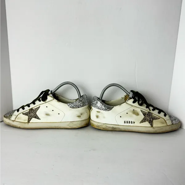 Golden Goose White Sneakers with Silver Glitter and Leopard Star Size 39 - Image 15