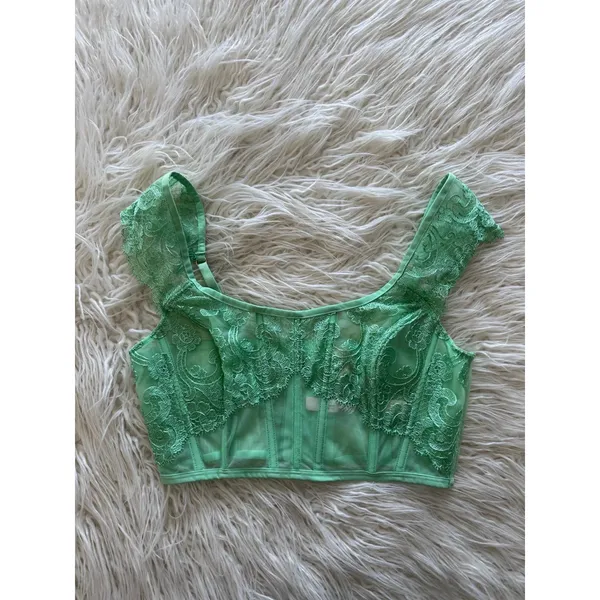Victoria’s Secret Boho Floral Embroidery Cap Sleeve Corset Top Clueless Green M - Image 2