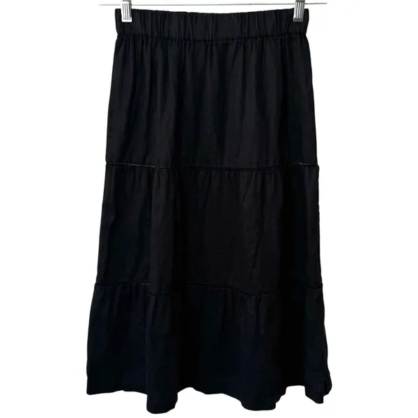 Saks Fifth Avenue 100% Linen Black Tiered Pull On Skirt Coastal Resort Travel XS - Image 5