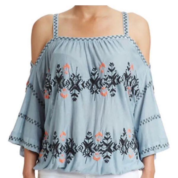 Free People Blue New World Embroidered Bohemian Cold Shoulder Peasant Top Size M - Image 2