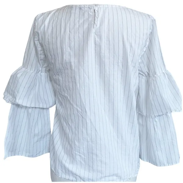 Madewell Tiered‎ Ruffled Flare Accent Sleeves White Grey Striped Blouse - XS - Image 7