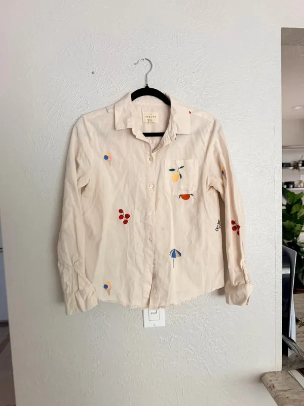 Sézane x Pangea Tomboy Shirt Fruit Floral Embroidered Ecru Linen Button down - Image 6