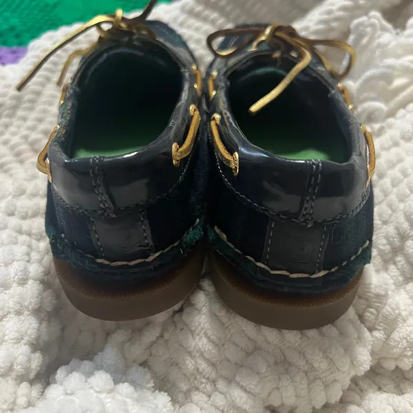 Sperry Green and Navy Plaid Leather-Trim Moccasins - Image 4