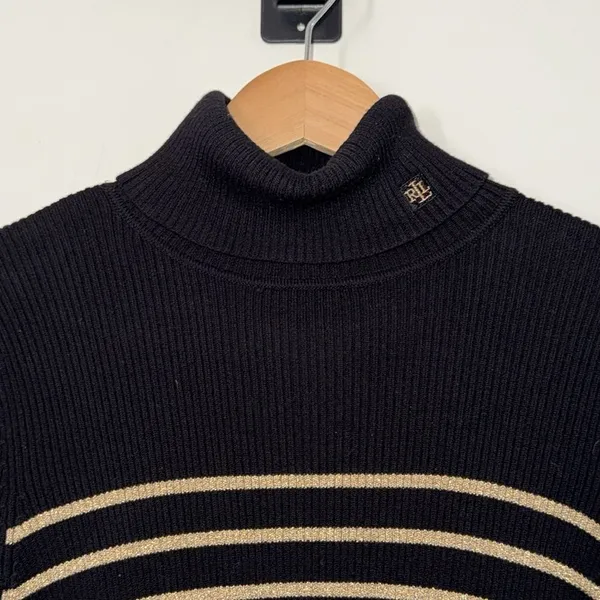 Lauren Ralph Lauren‎ Striped Turtleneck Sweater Small Black Gold Ribbed Knit - Image 2