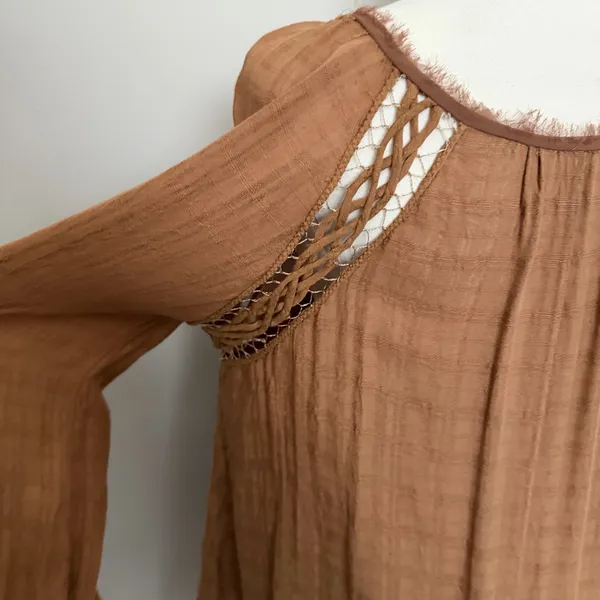 Free People Top Babydoll Embroidered Floral Braided Boho Festival Peasant Rust - Image 10