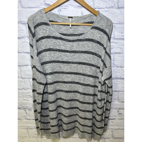 Free People Striped Knit Pullover Sweater Sz XS Gray Loose Boho Oversized - Image 2