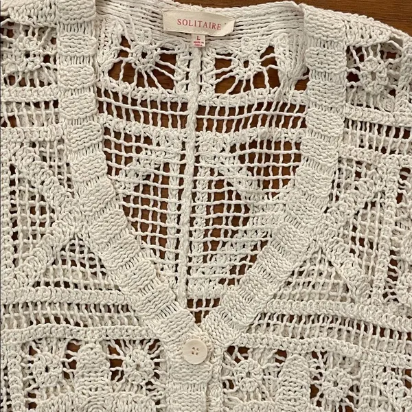 Solitaire Ivory Floral Cotton Crochet Button Front Cardigan Womens Size Large - Image 12