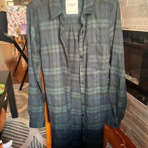 Abercrombie & Fitch Green Black and Blue Flannel Shirt Dress - Image 2
