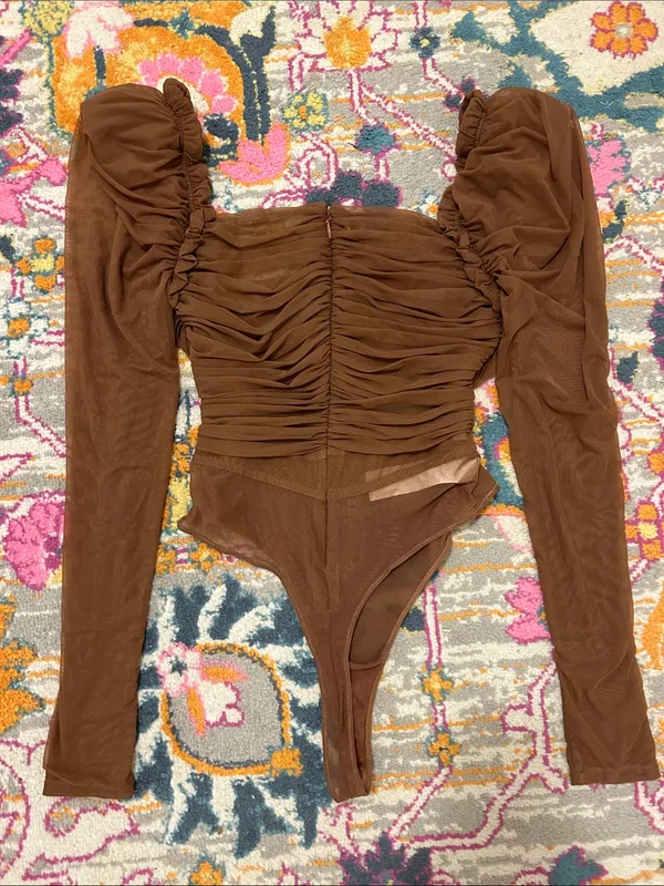 House Of CB Emme Mocha Ruched Chiffon Puff Sleeve Bodysuit Top Size Large - Image 11