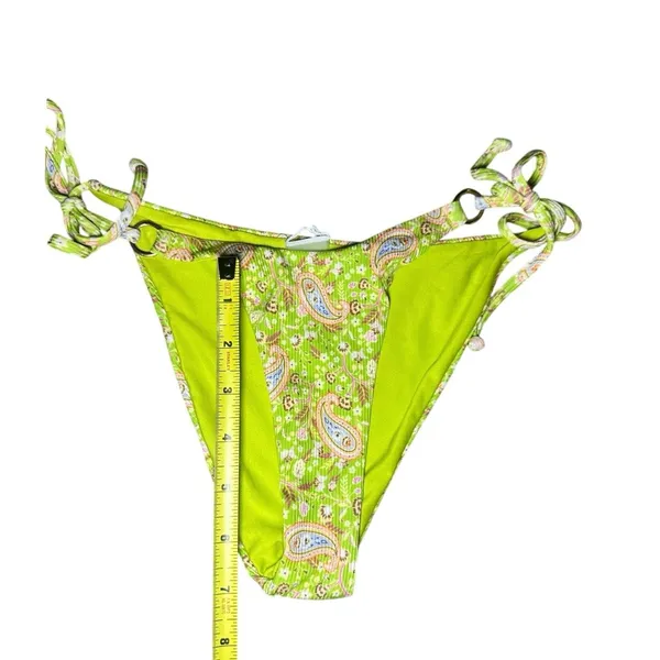 Ribbed Paisley Bandeau Bikini Side Tie Cheeky Small Neon Lime Green Bathing Suit - Image 4
