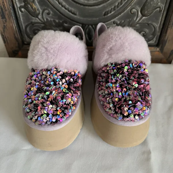 UGG Funkette Stellar Sequin Shearling Purple Platform Slipper Slide‎ Sandal Sz 6 - Image 3