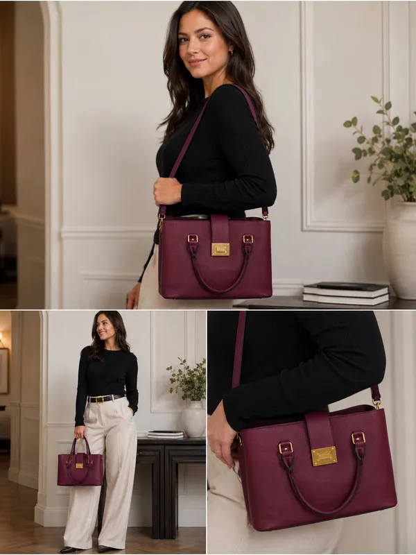 Kelly & Katie Plum Pebbled Satchel with Gold Hardware and Detachable Strap - Image 3