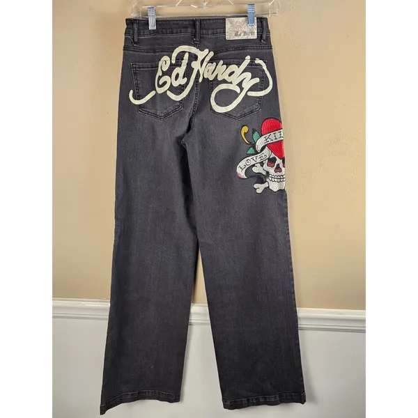 Ed Hardy Womens Black Embroidered Love Kills‎ Slowly Wide Leg Flare Jeans 26 - Image 2