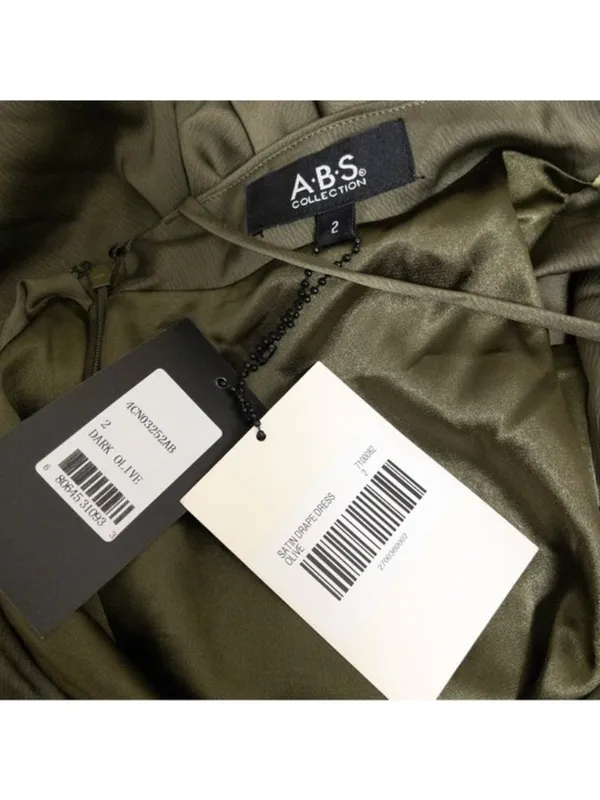 NWT ABS Allen Schwartz Everly Satin Drape Dress 2 Olive Green Slit One Shoulder - Image 5