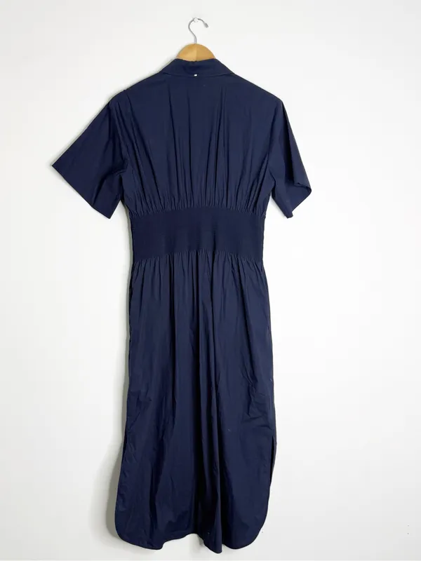 Sportmax Navy Midi Shirt Dress Size 10 Smocked Waist Button Front Pockets - Image 3