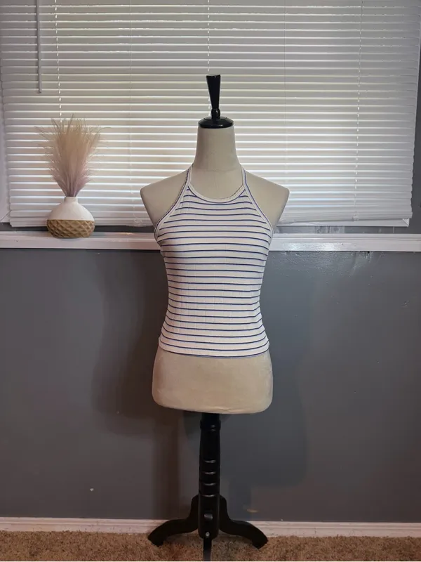 American Eagle Blue & White Striped Halter Tank Top Size M Coastal Summer - Image 2