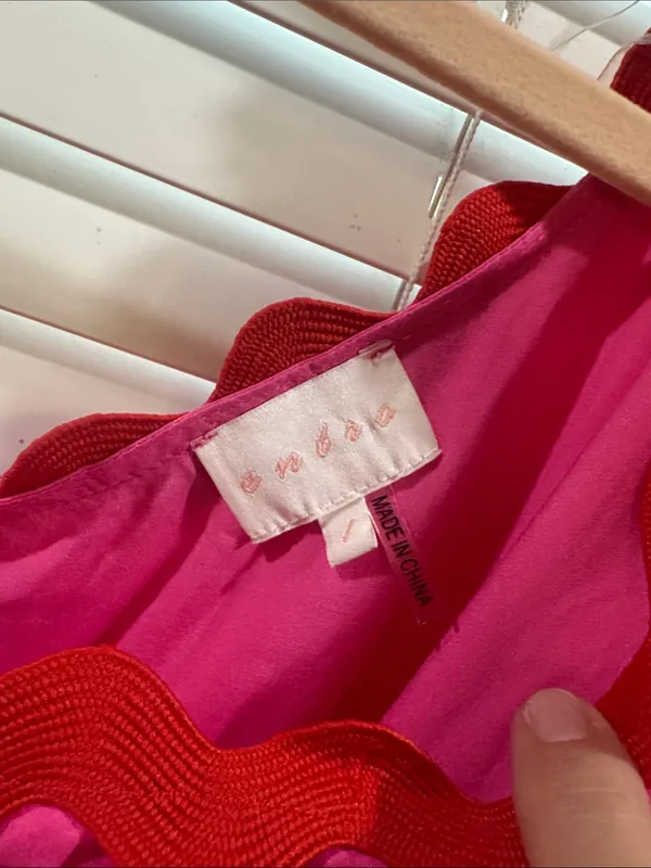 entro Hot Pink One-Shoulder Ruffle Tiered Dress with Red Trim - Image 2
