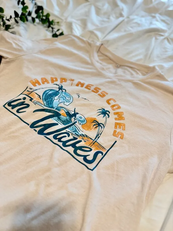 "Happiness Comes in Waves" Graphic T-Shirt - Neutral Aesthetic - Size Small - Image 3