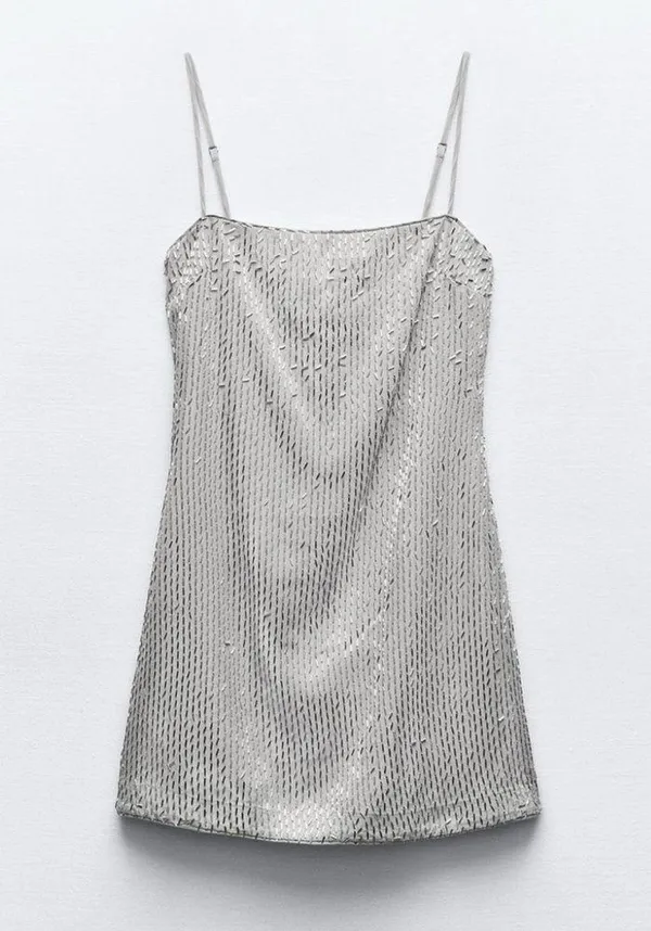 NWT Zara Silver Beaded Mini dress with adjustable Straps and Zipper closure - Image 3