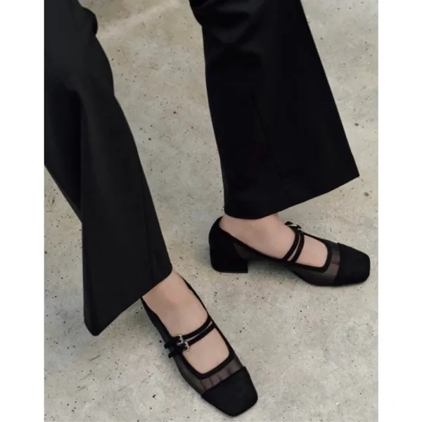Zara Black Mesh & Suede Low Block Heel Mary Janes Heels with Buckle Strap Sz 39 - Image 9