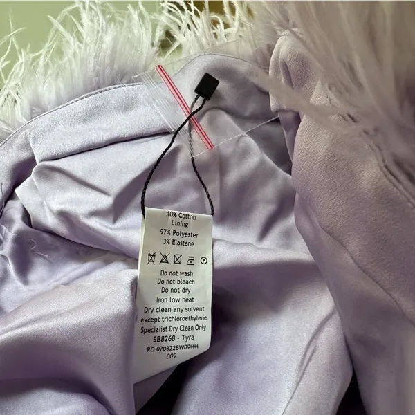 House of CB ‘Tyra’ Feather Trim Long Sleeve Satin‎ Mini Shirt Dress Orchid NWOT - Image 5