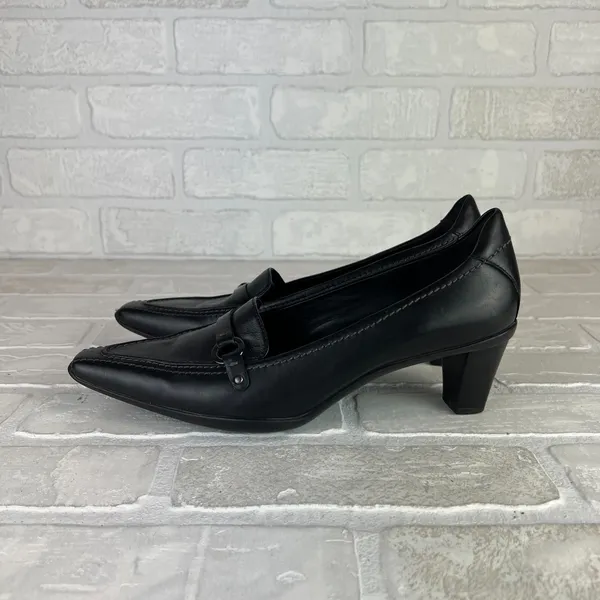 ECCO Loafer Pumps Women 7.5 38 Black Leather Pointed Toe Block Heel Strap Office - Image 5