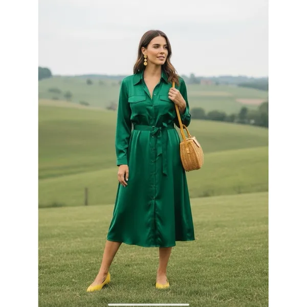 Lucky Brand Jewel Green Satin Shirt Dress XL Utility Long Sleeve Midi Pockets - Image 12