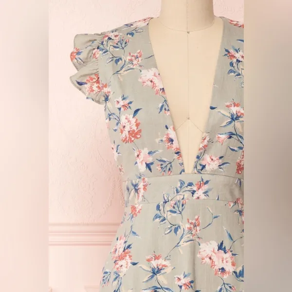 NWT Storia Linen Blend Floral Midi Dress Sage Green Pink V-Neck Size Medium - Image 3