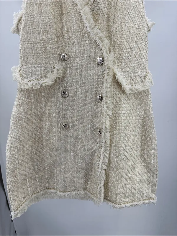 Trixxi cream bouclé tweed double breasted metallic mini blazer vest dress fringe - Image 7