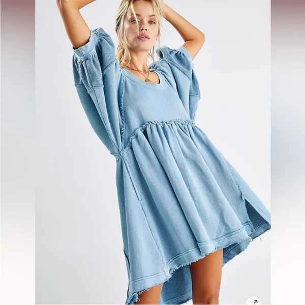 Free People Sunchild Babydoll Light Blue Tunic Sweatshirt Dress - Image 3