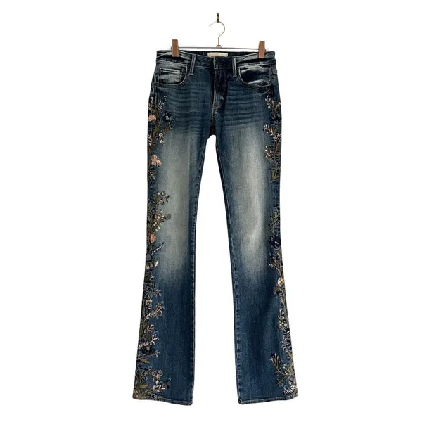 Anthropologie DRIFTWOOD Kelly Bootcut Jeans 25 Floral Embroidery Mid Rise Boho Cowgirl Chic - Image 2