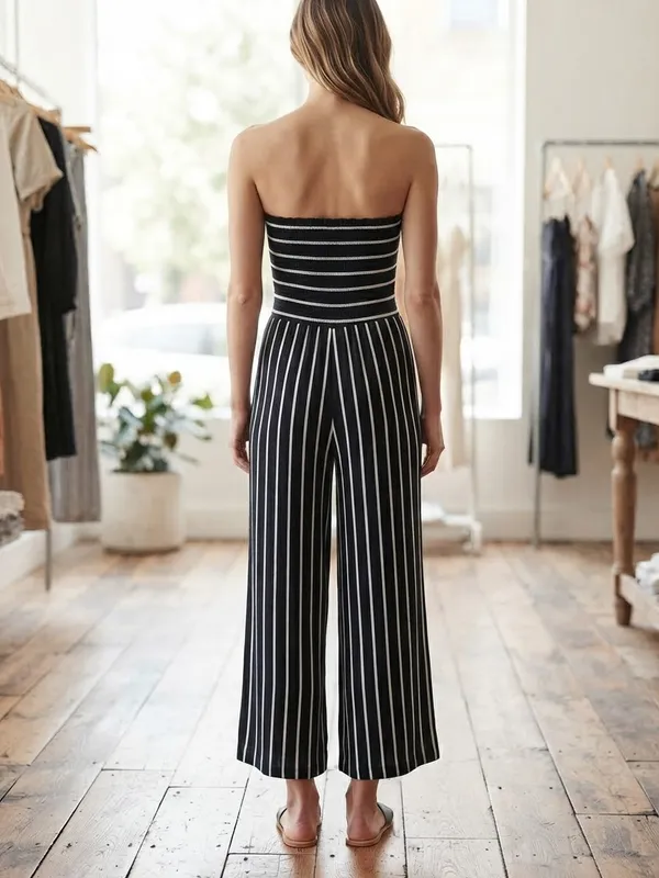 HEM & THREAD Smocked Strapless Wide-Leg Jumpsuit M 14.5” + p2p Black/White EUC - Image 6
