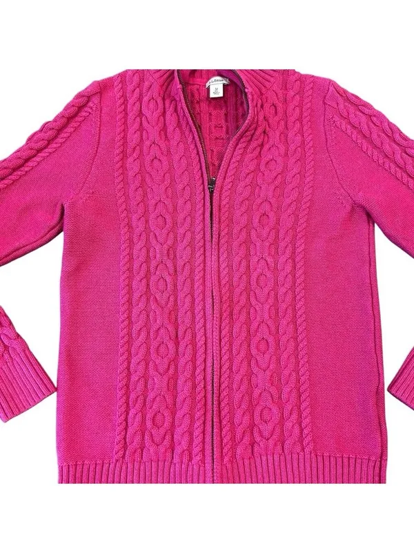L.L.Bean Pink Cable Knit Full Zip Cardigan Sweater M - Image 3