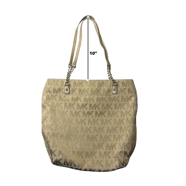 Michael Kors Double‎ Strap Jet Set Monogram Tan Chain Tote Handbag - Image 7