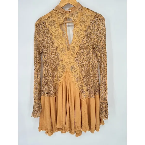 Free People Yellow Tell‎ Tell Secret Origins Eyelash Lace Tunic Dress Size XS - Image 2