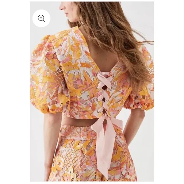 Pink Orange Tropical Floral Lace Two Piece Set Crop Top Wide Leg Pants XS - Image 3