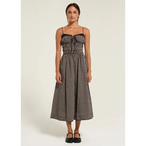 NIA Black Tan Gingham Smocked Midi Thomas Dress Lace Trim Pockets Womens Medium - Image 16
