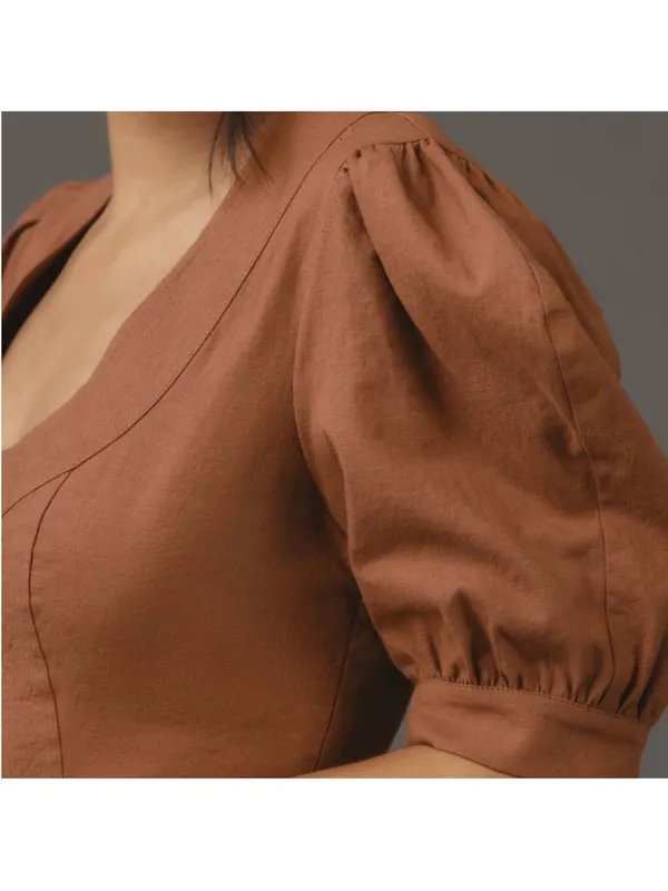 NWT Anthropologie Scoop Neck Puff Sleeve Linen Blend Cropped Blouse Top Size S - Image 3
