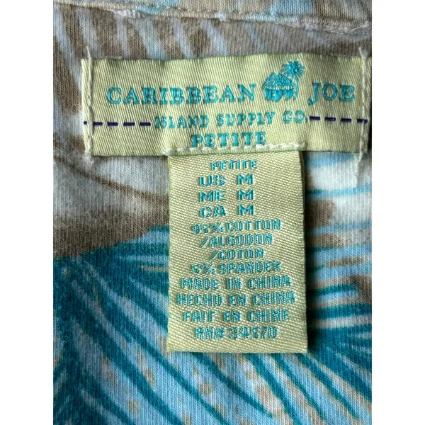 Caribbean Joe Petite Medium Tropical Palm Print Blouse V-Neck Cap Sleeve Tan - Image 3