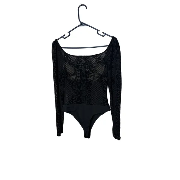 Windsor Black Flocked Velvet Mesh Corset Bodysuit Long Sleeve Square Neck Medium - Image 5