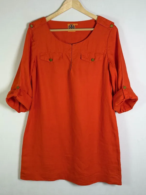 Tory Burch 100% Linen Shift Dress Orange Roll Tab Sleeve Mini Tunic Women’s 10 - Image 2