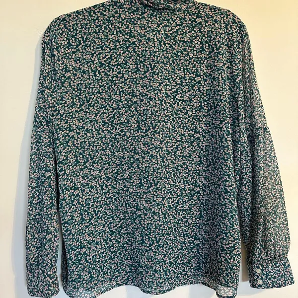 Ann Taylor LOFT Green Floral Print Blouse Tie Neck pL - Image 3
