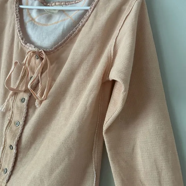 We The Free People Pink Cecelia Coquette Henley Bow Long Sleeve Top Size Large - Image 5