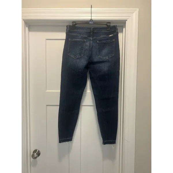 KanCan Mid Rise Tapered Leg Jeans Size 13/30 Dark Wash Stretch Denim Frayed Hem - Image 4